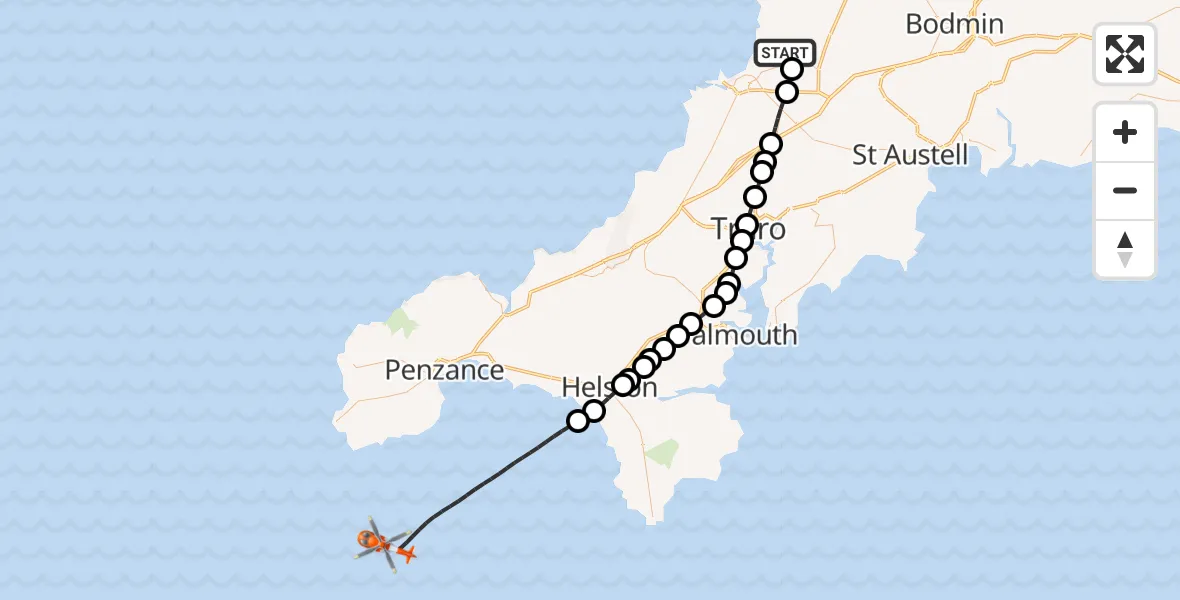 Flight route Coastguard Helicopter Cornwall Airport Newquay - English Channel, 03 July 2026, 08:12