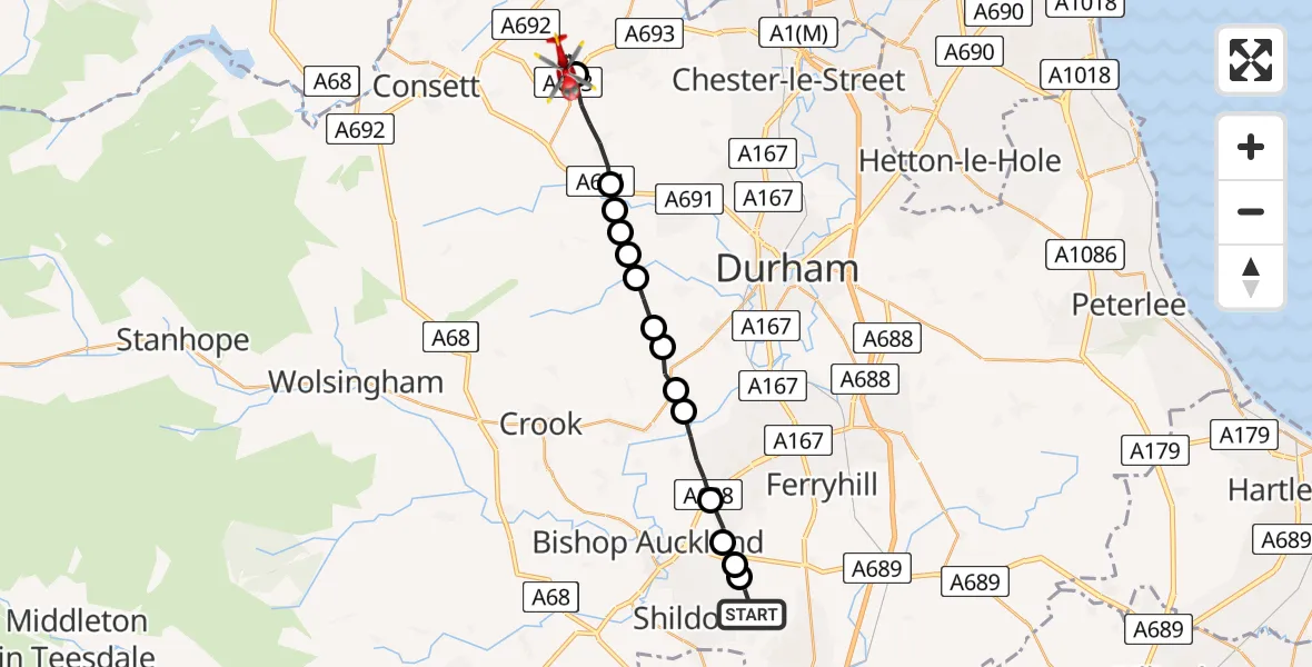 Flight route Air Ambulance Helicopter Newton Aycliffe - Stanley, 03 July 2026, 08:15