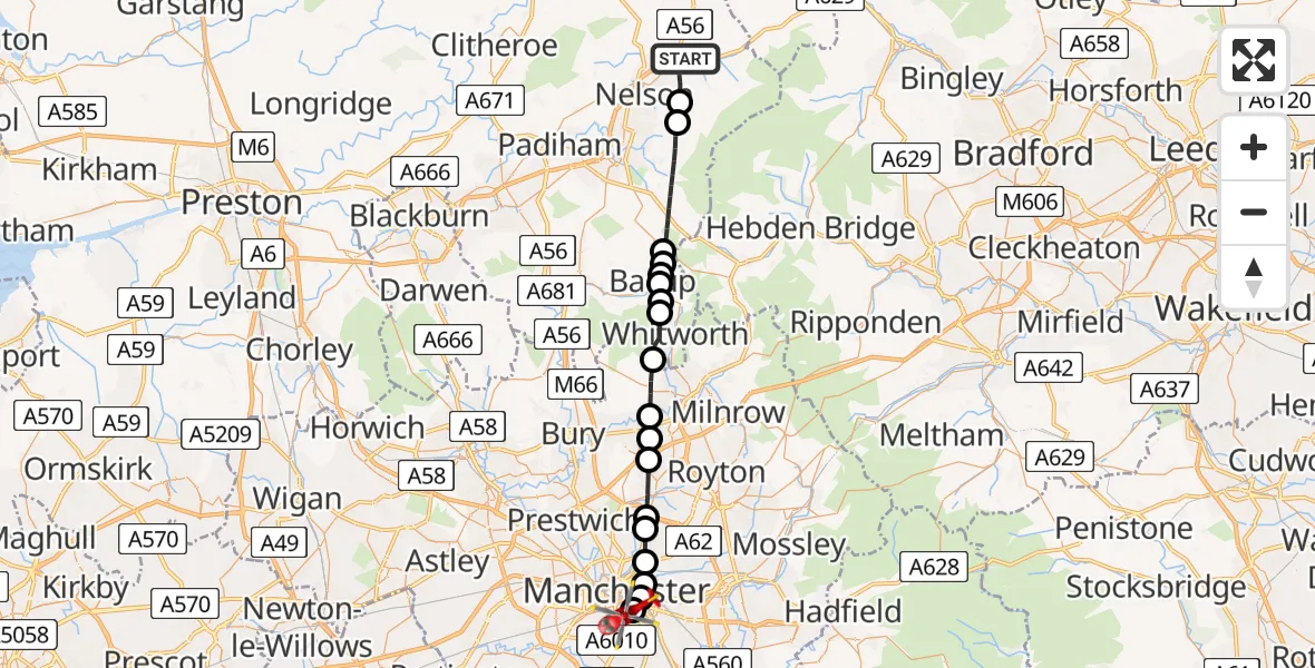 Flight route Air Ambulance Helicopter Colne - Chorlton-on-Medlock, 03 July 2026, 08:20