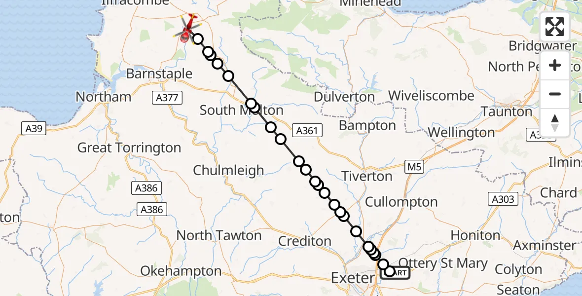 Flight route Air Ambulance Helicopter Exeter International Airport - North Devon, 03 July 2026, 08:24