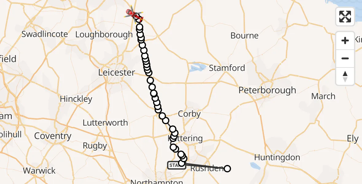 Flight route Air Ambulance Helicopter Mears Ashby - Nottingham Heliport, 03 July 2026, 08:26