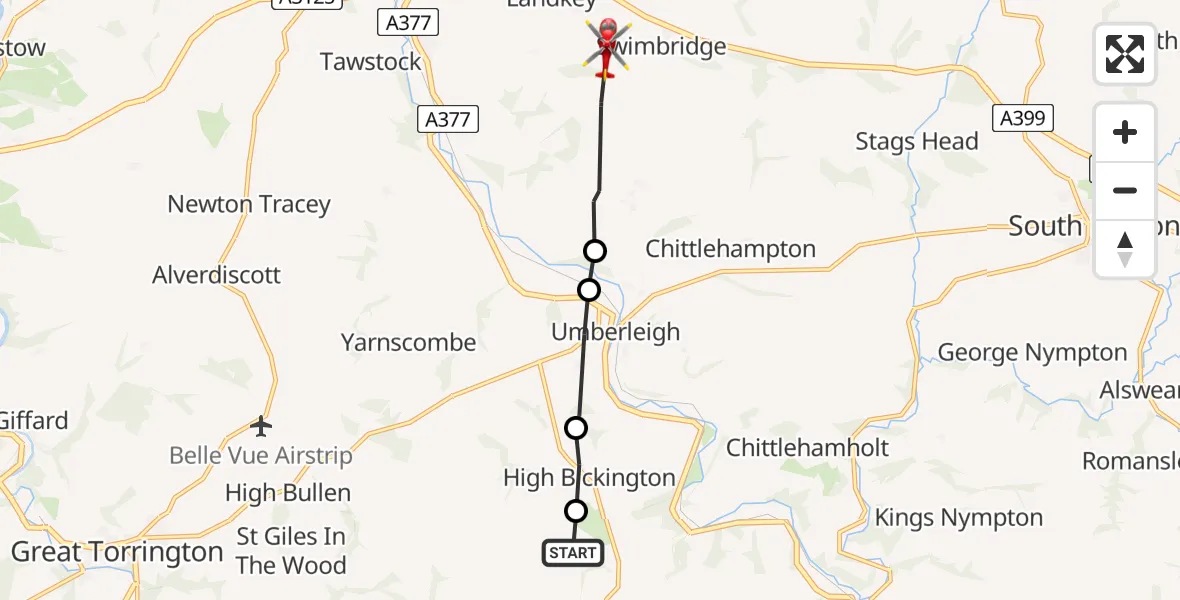Flight route Air Ambulance Helicopter Roborough - Landkey, 03 July 2026, 08:26