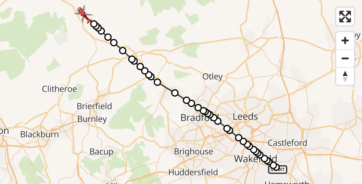Flight route Air Ambulance Helicopter YAA Nostell Helicopter Port - Settle, 03 July 2026, 08:27