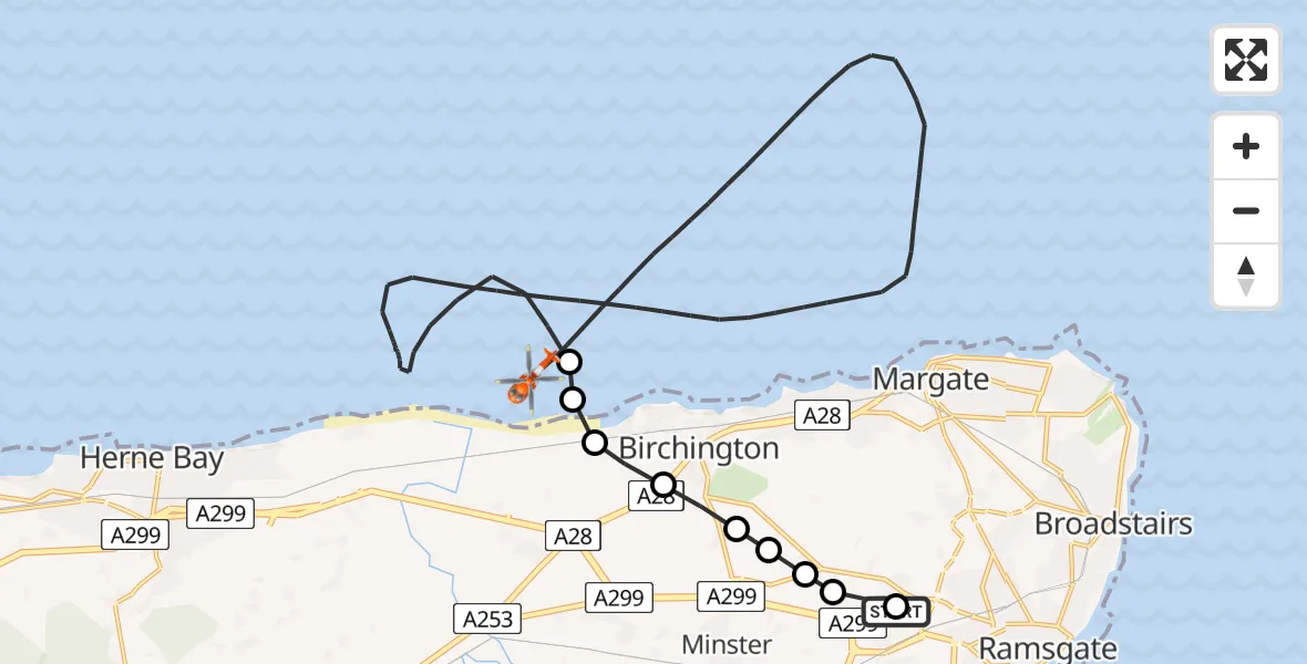 Flight route Coastguard Helicopter Manston Airport - North Sea, 03 July 2026, 08:52