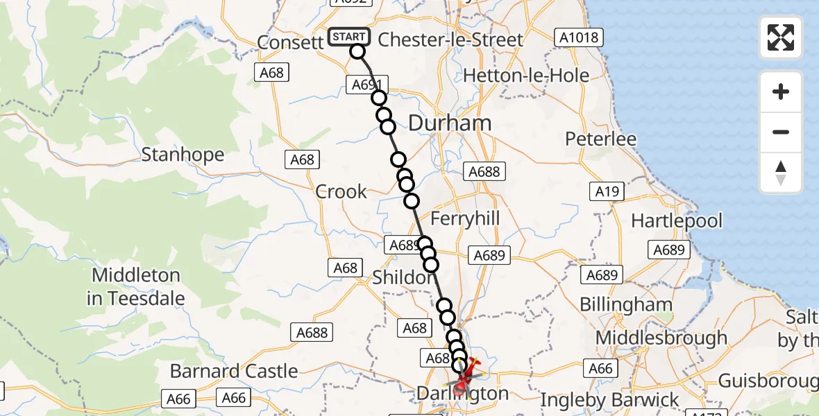 Flight route Air Ambulance Helicopter Stanley - Darlington, 03 July 2026, 09:00