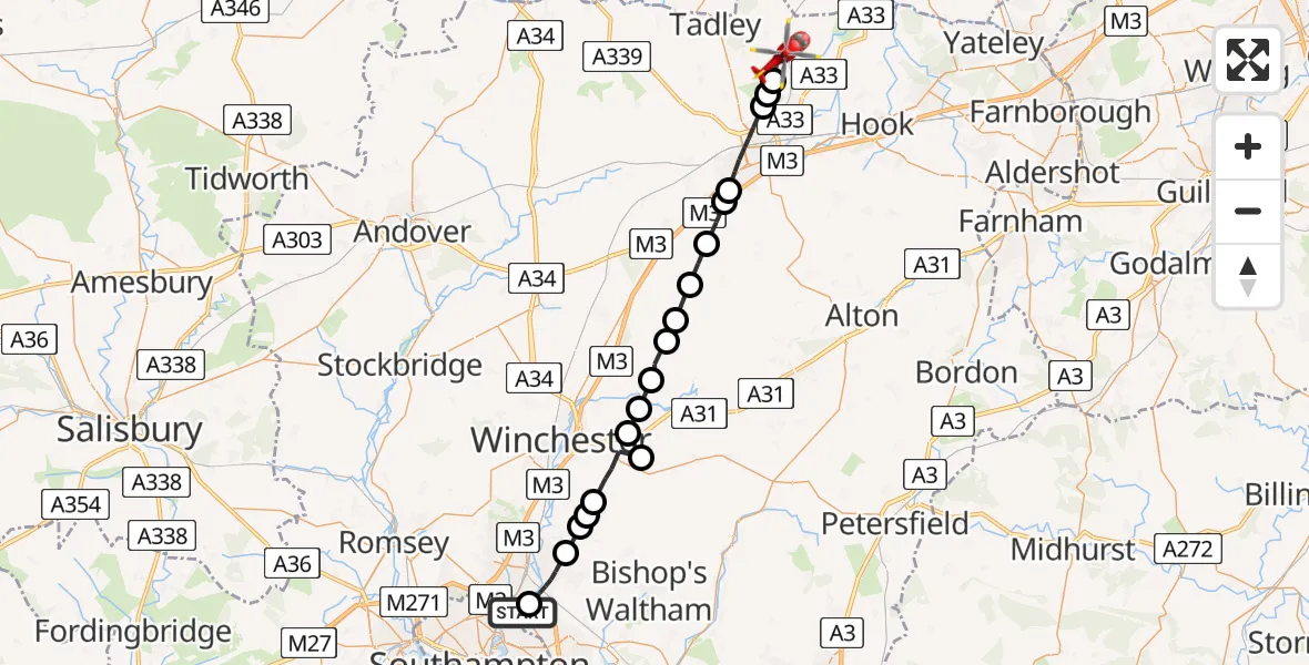 Flight route Air Ambulance Helicopter Southampton Airport - Bramley, 03 July 2026, 09:00