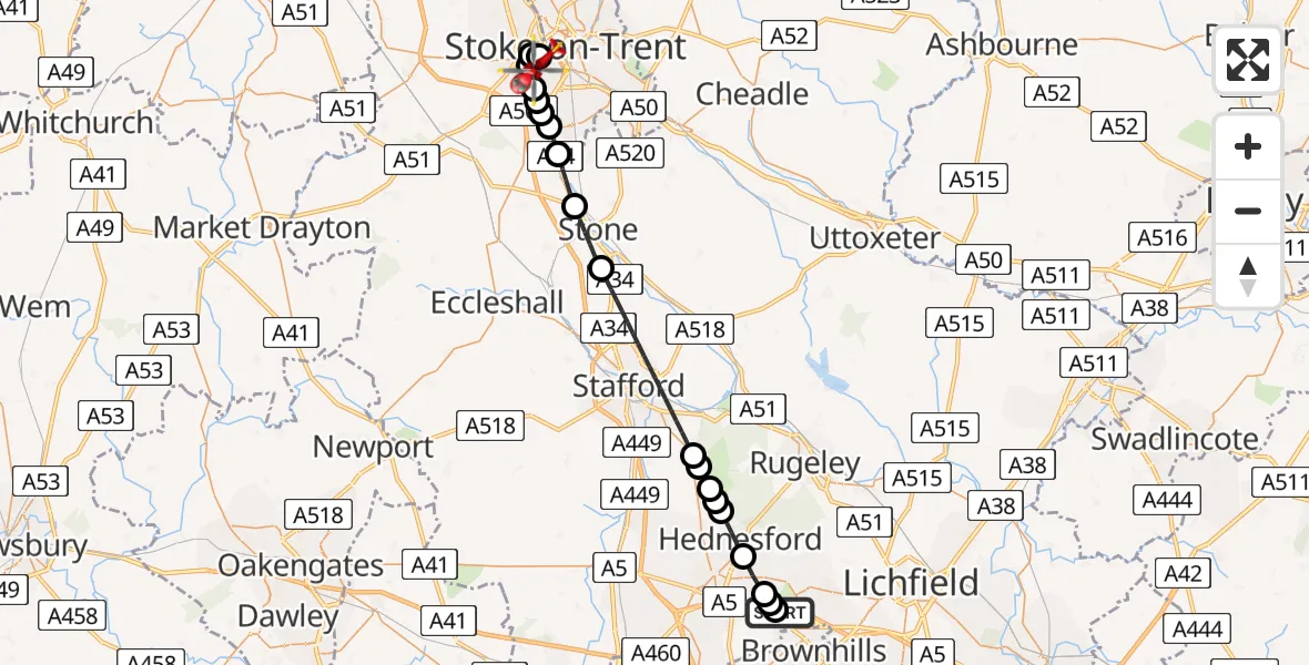 Flight route Air Ambulance Helicopter Norton Canes - Stoke, 03 July 2026, 09:04