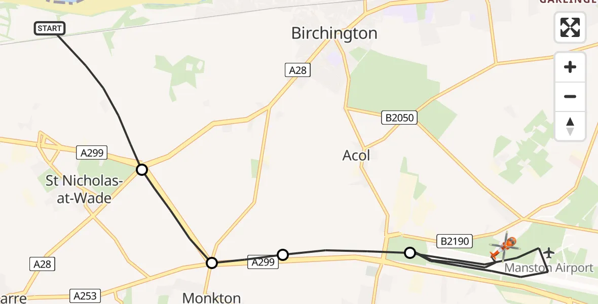 Flight route Coastguard Helicopter St Nicholas-at-Wade - Manston Airport, 03 July 2026, 09:20