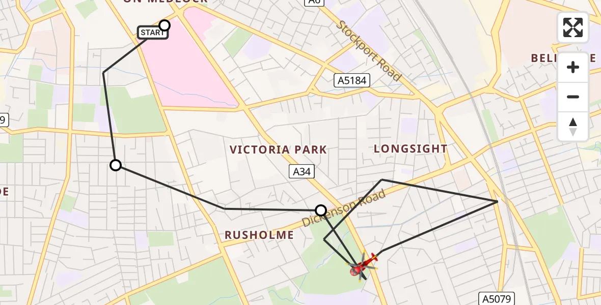 Flight route Air Ambulance Helicopter Ardwick - Longsight, 03 July 2026, 09:30