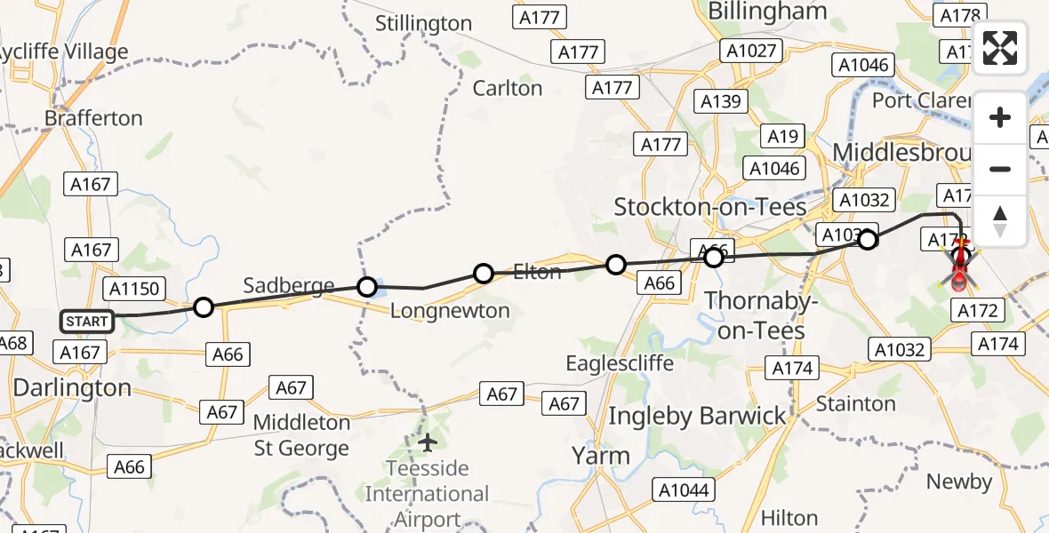 Flight route Air Ambulance Helicopter Darlington - James Cook University Hospital, 03 July 2026, 09:40