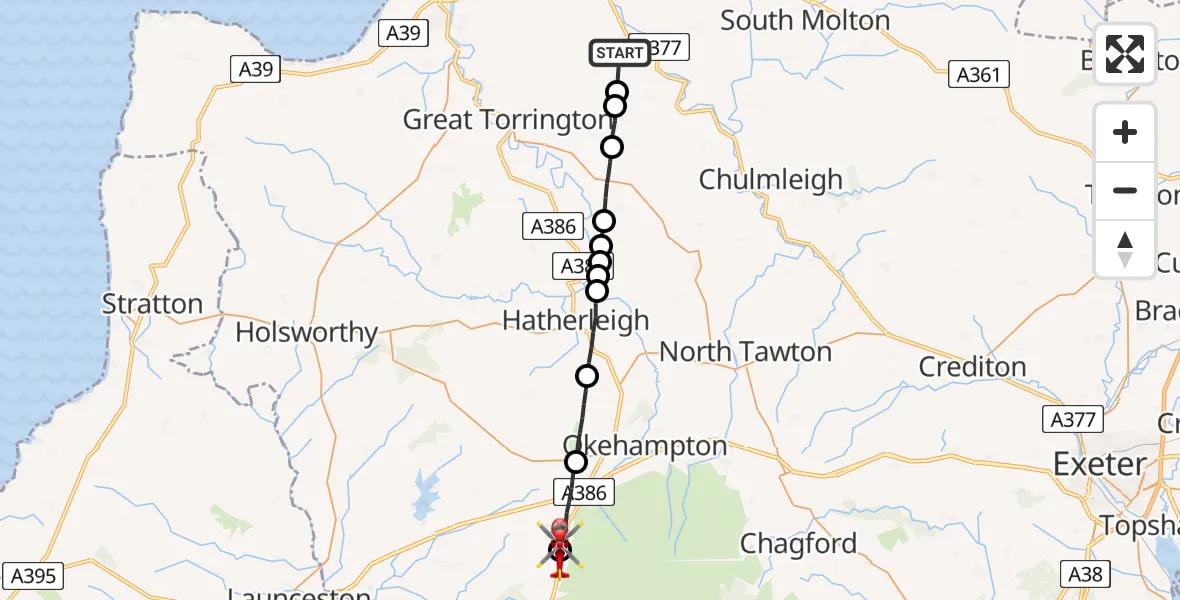 Flight route Air Ambulance Helicopter Atherington - Bridestowe, 03 July 2026, 09:41
