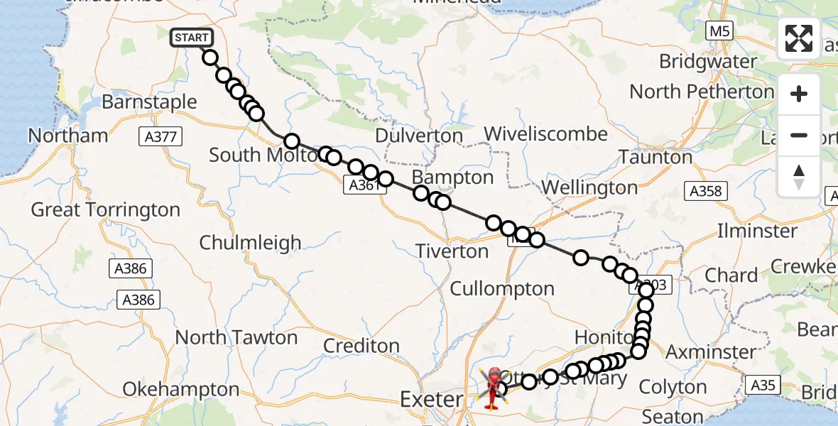 Flight route Air Ambulance Helicopter North Devon - Exeter International Airport, 03 July 2026, 09:42