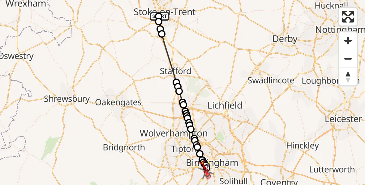 Flight route Air Ambulance Helicopter University Hospital North Staffs - Metchley, 03 July 2026, 09:54