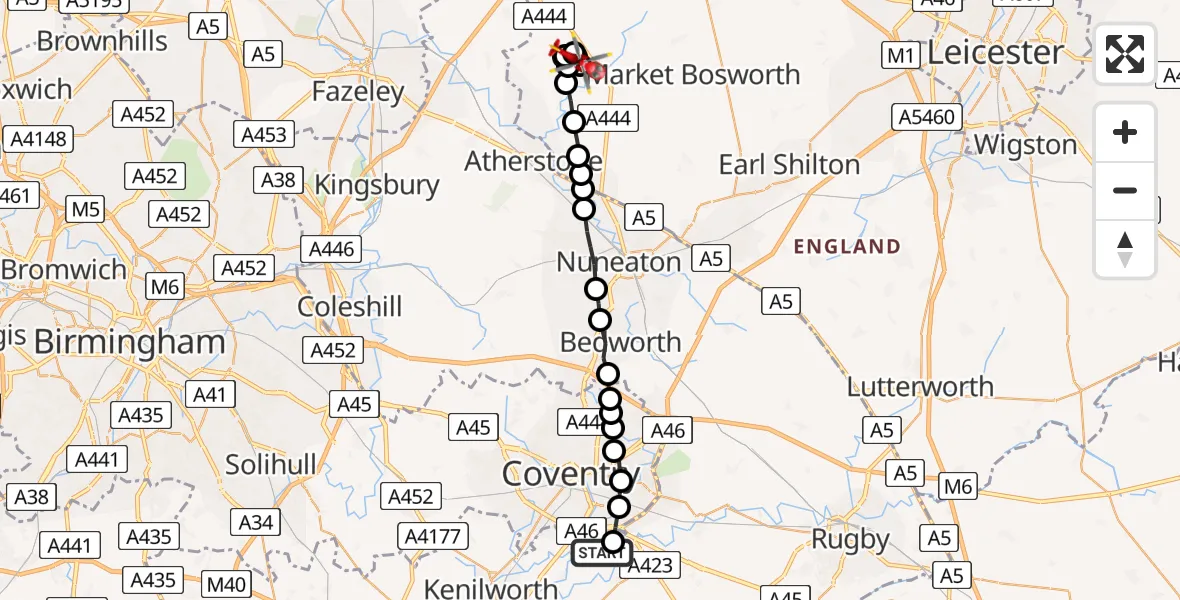 Flight route Air Ambulance Helicopter Coventry Airport - Sheepy Parva, 03 July 2026, 09:54