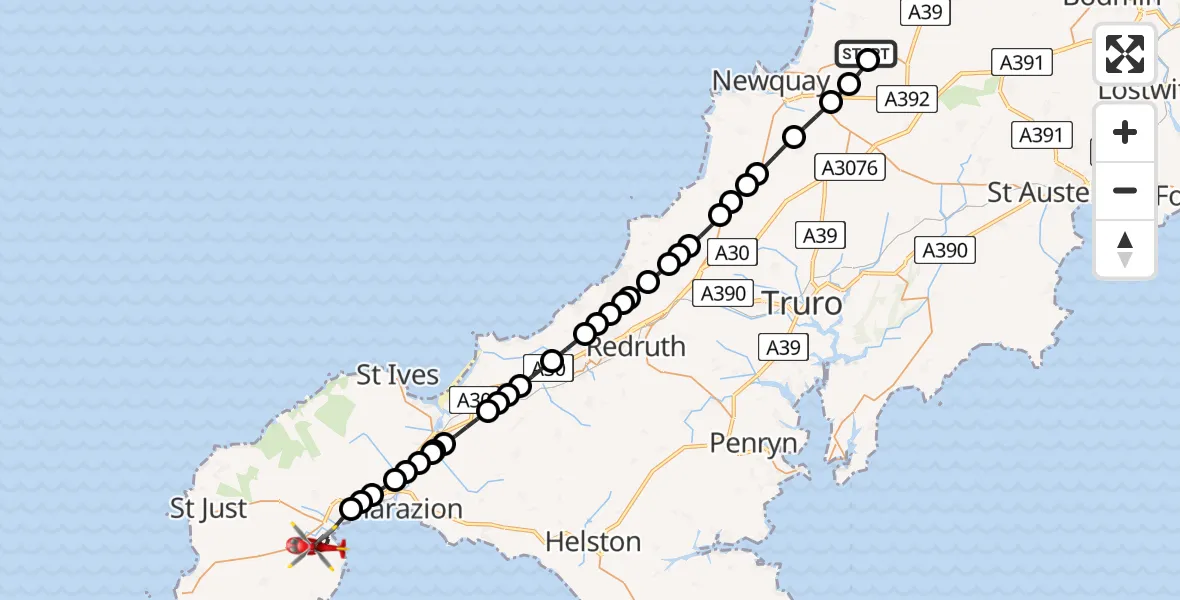Flight route Air Ambulance Helicopter Cornwall Airport Newquay - Penzance, 03 July 2026, 09:55