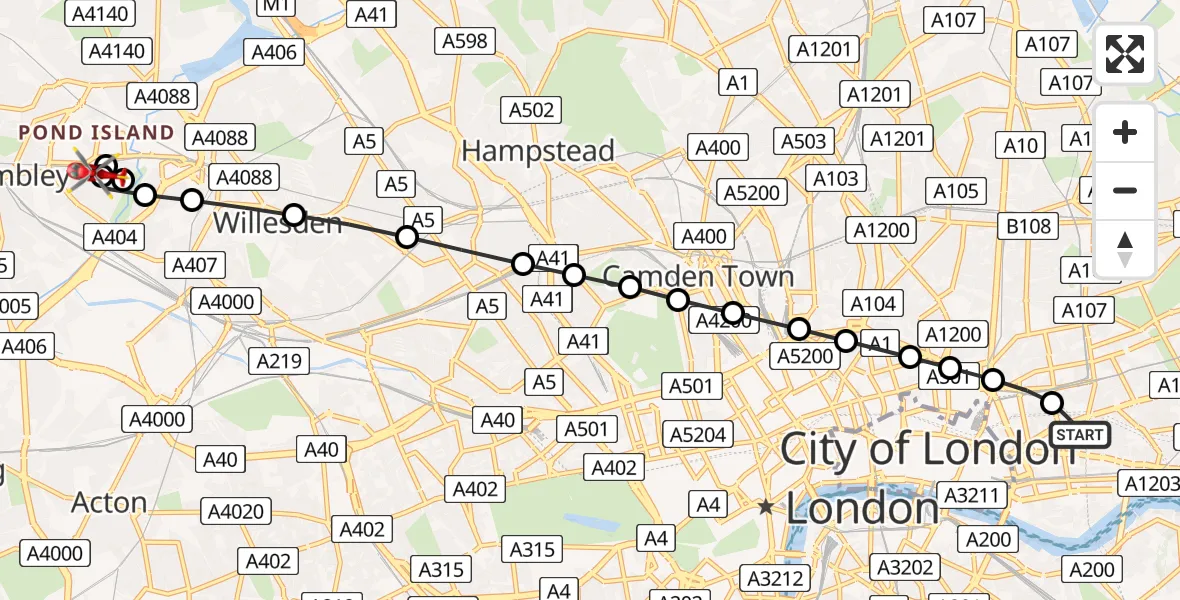 Flight route Air Ambulance Helicopter Royal London Hospital - Brent, 03 July 2026, 10:13