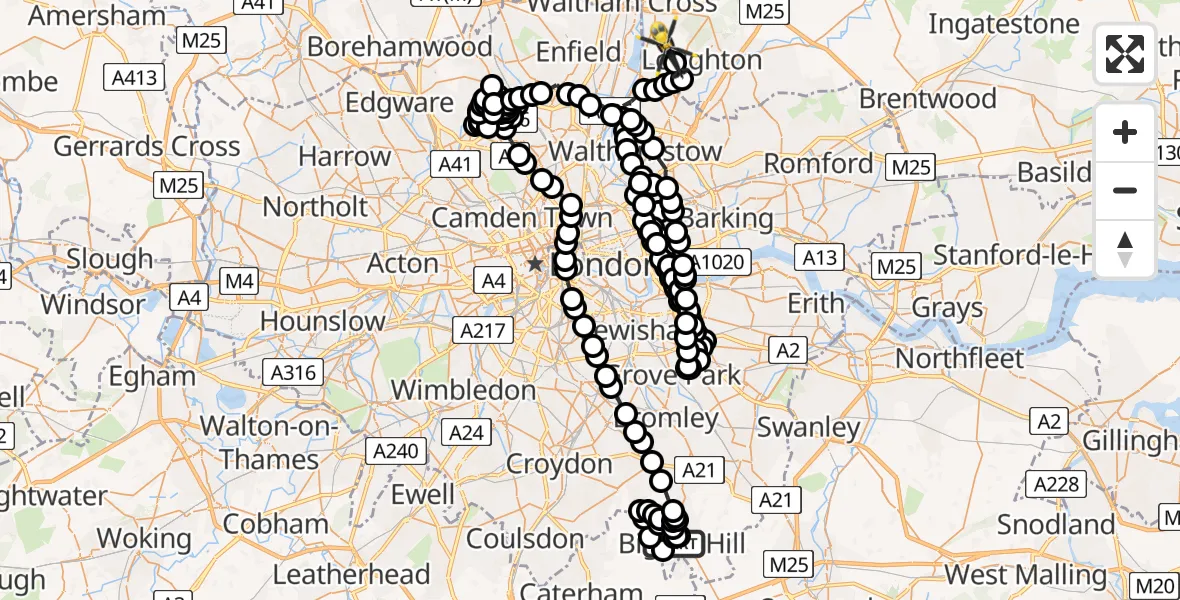 Flight route Police Helicopter Aperfield - Sewardstonebury, 03 July 2026, 10:15