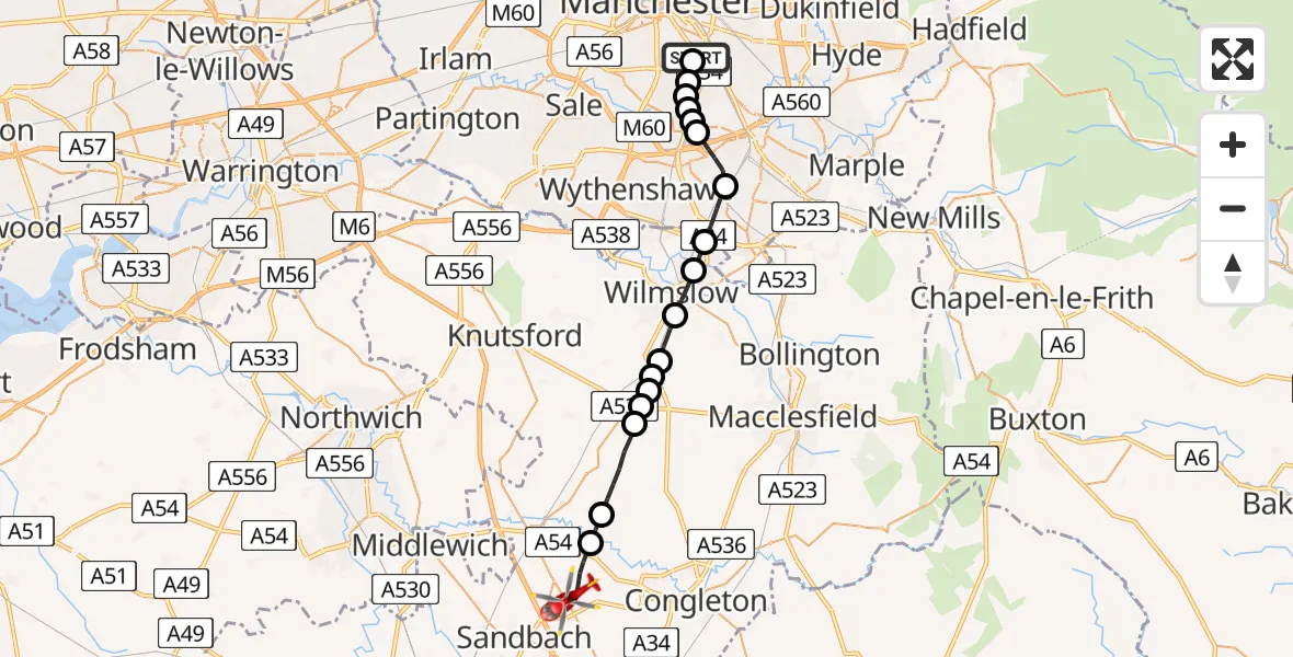 Flight route Air Ambulance Helicopter Longsight - Brereton, 03 July 2026, 10:18