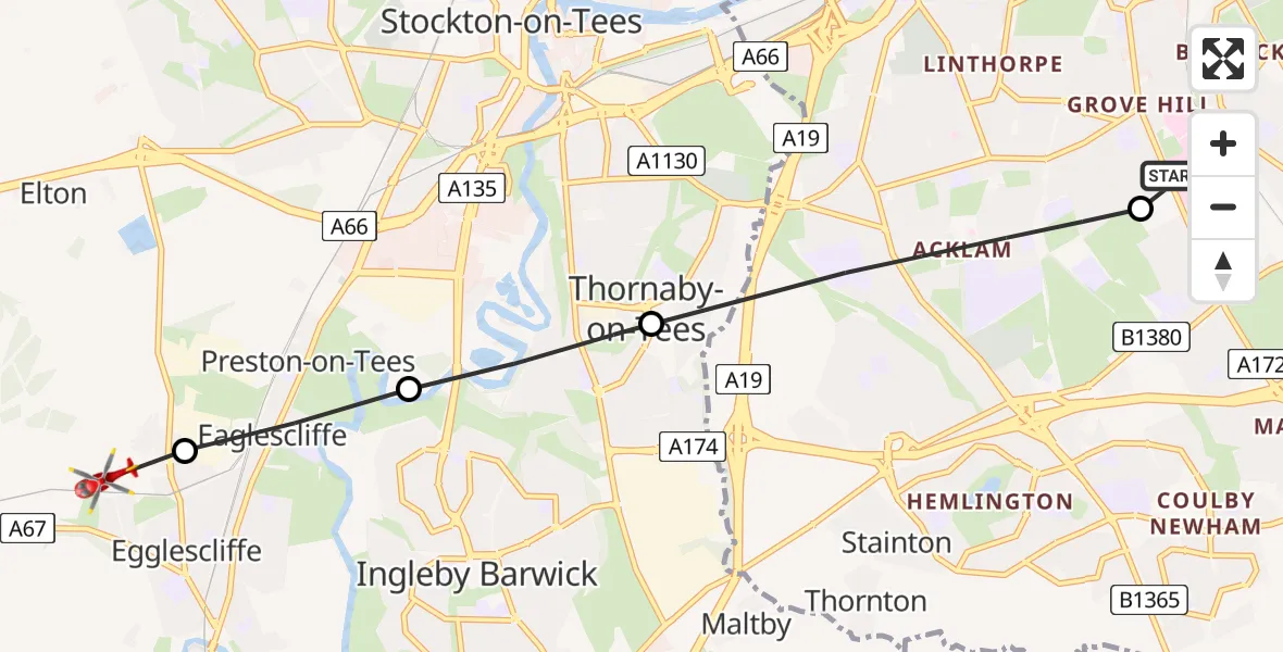 Flight route Air Ambulance Helicopter James Cook University Hospital - Egglescliffe, 03 July 2026, 10:20