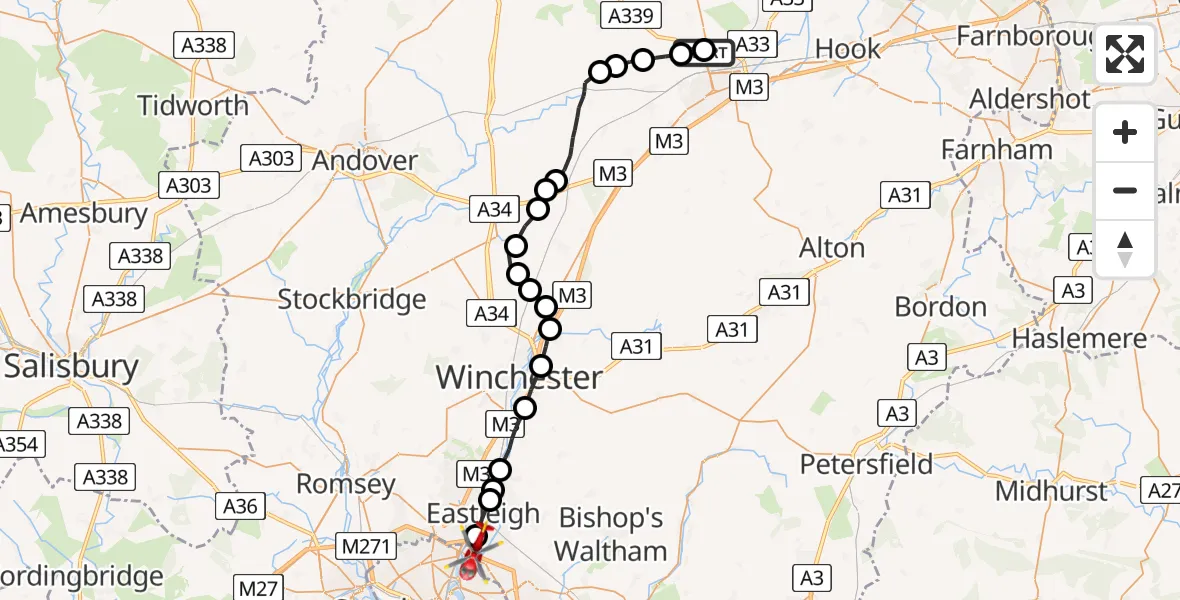 Flight route Air Ambulance Helicopter North Hampshire Hospital - Southampton Airport, 03 July 2026, 10:23