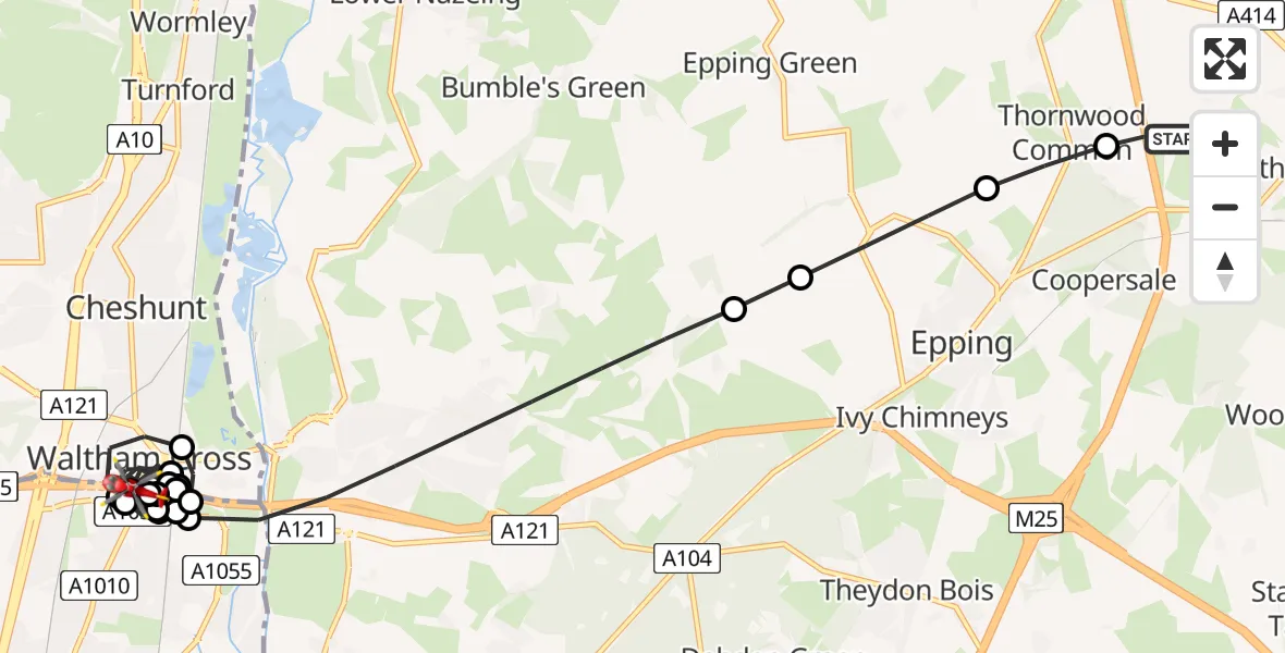 Flight route Air Ambulance Helicopter North Weald Airfield - Waltham Cross, 03 July 2026, 10:30