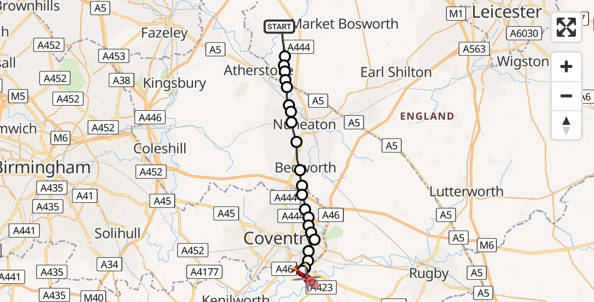 Flight route Air Ambulance Helicopter Sheepy Parva - Warwick, 03 July 2026, 10:39