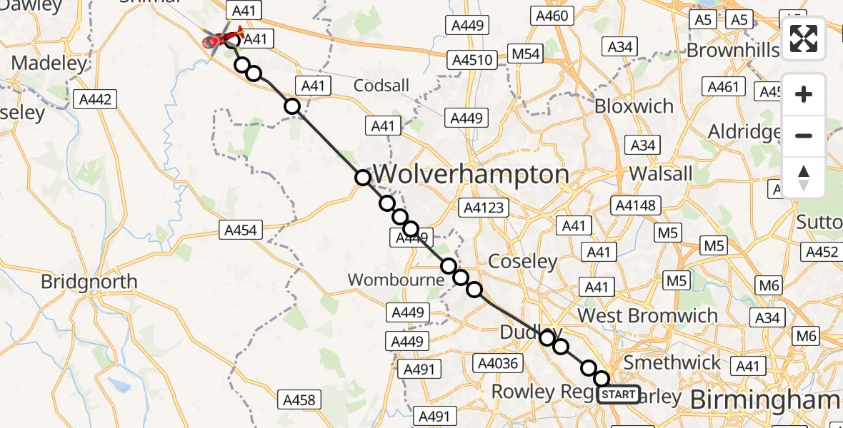 Flight route Air Ambulance Helicopter Causeway Green - Cosford, 03 July 2026, 11:02