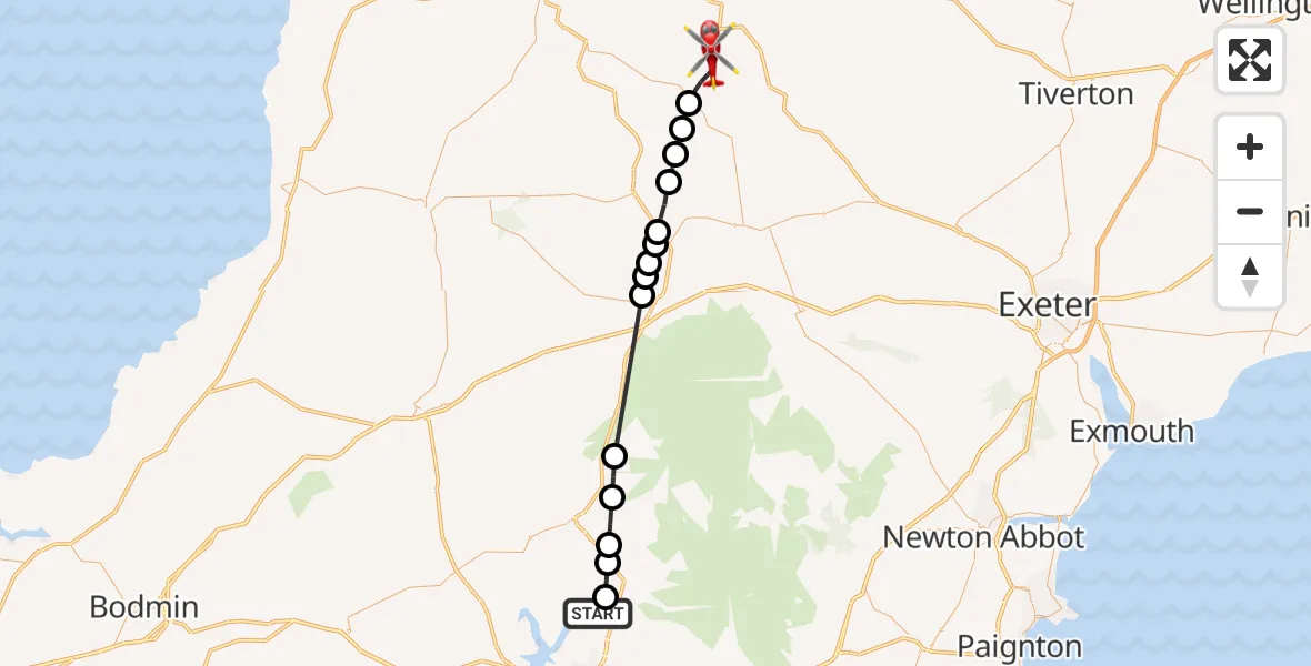 Flight route Air Ambulance Helicopter West Devon - Burrington, 03 July 2026, 11:01