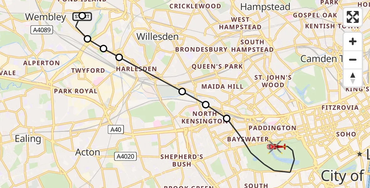 Flight route Air Ambulance Helicopter Brent - City of Westminster, 03 July 2026, 11:09