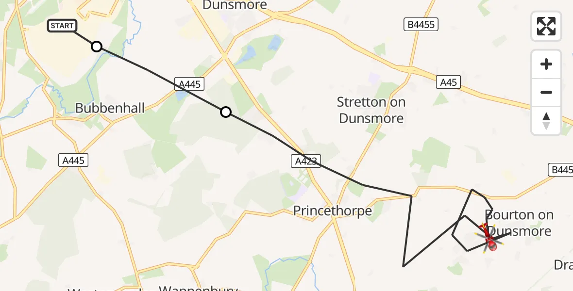 Flight route Air Ambulance Helicopter Coventry Airport - Rugby, 03 July 2026, 11:09