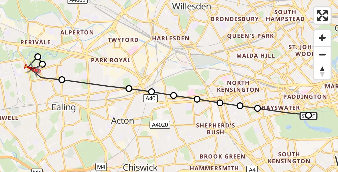 Flight route Air Ambulance Helicopter City of Westminster - Hanwell, 03 July 2026, 11:20