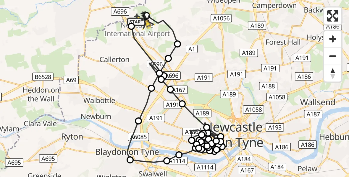 Flight route Police Helicopter Newcastle International Airport - Newcastle International Airport, 03 July 2026, 11:20