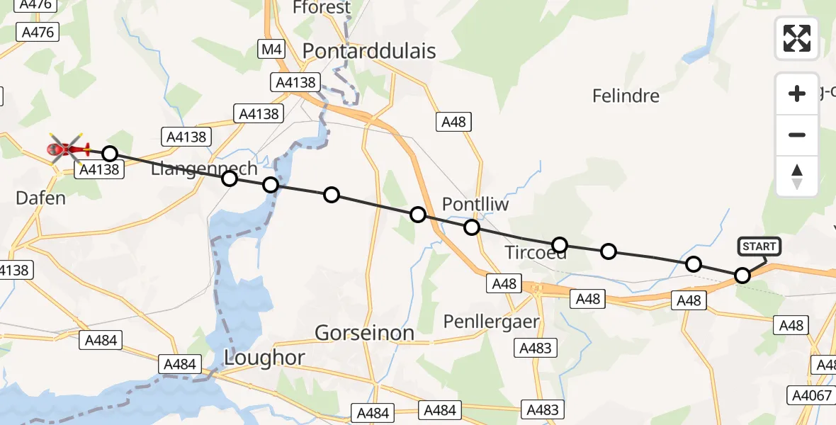 Flight route Air Ambulance Helicopter Morriston Hospital Helipad - Dafen, 03 July 2026, 11:23