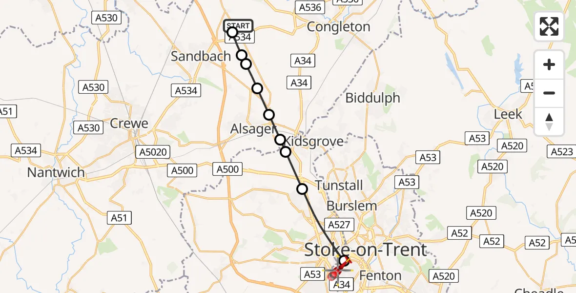 Flight route Air Ambulance Helicopter Brereton - University Hospital North Staffs, 03 July 2026, 11:38