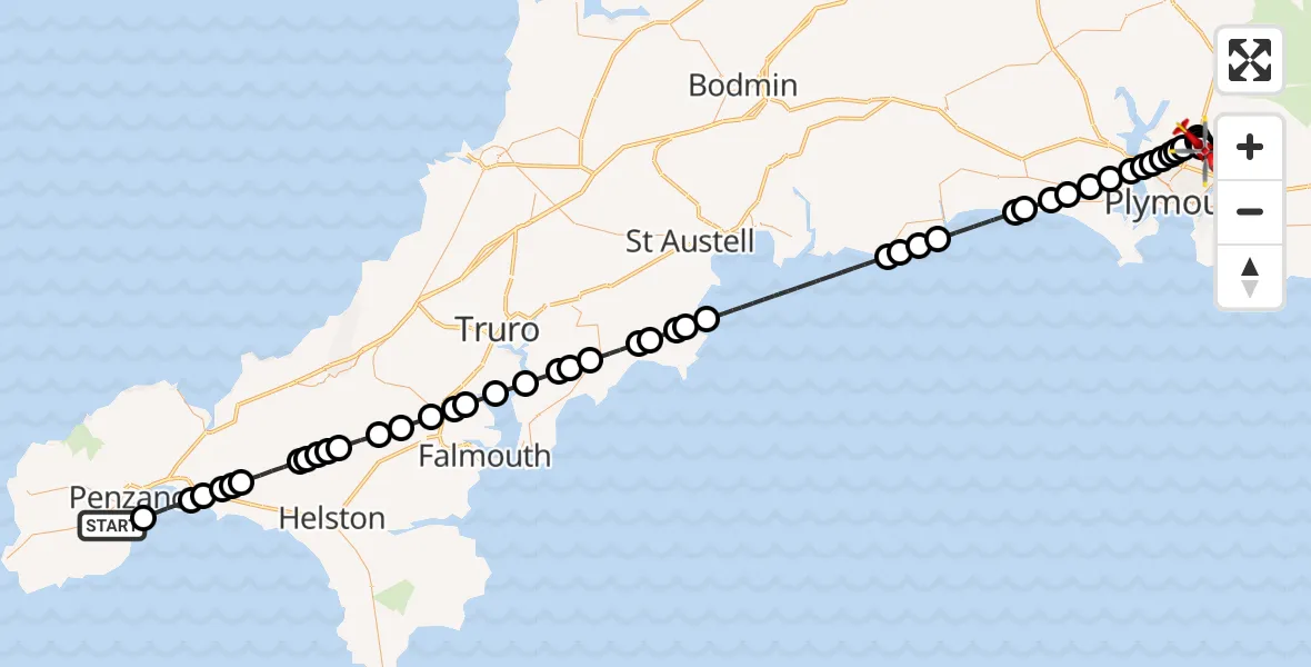 Flight route Air Ambulance Helicopter Penzance - Derriford Hospital, 03 July 2026, 11:38