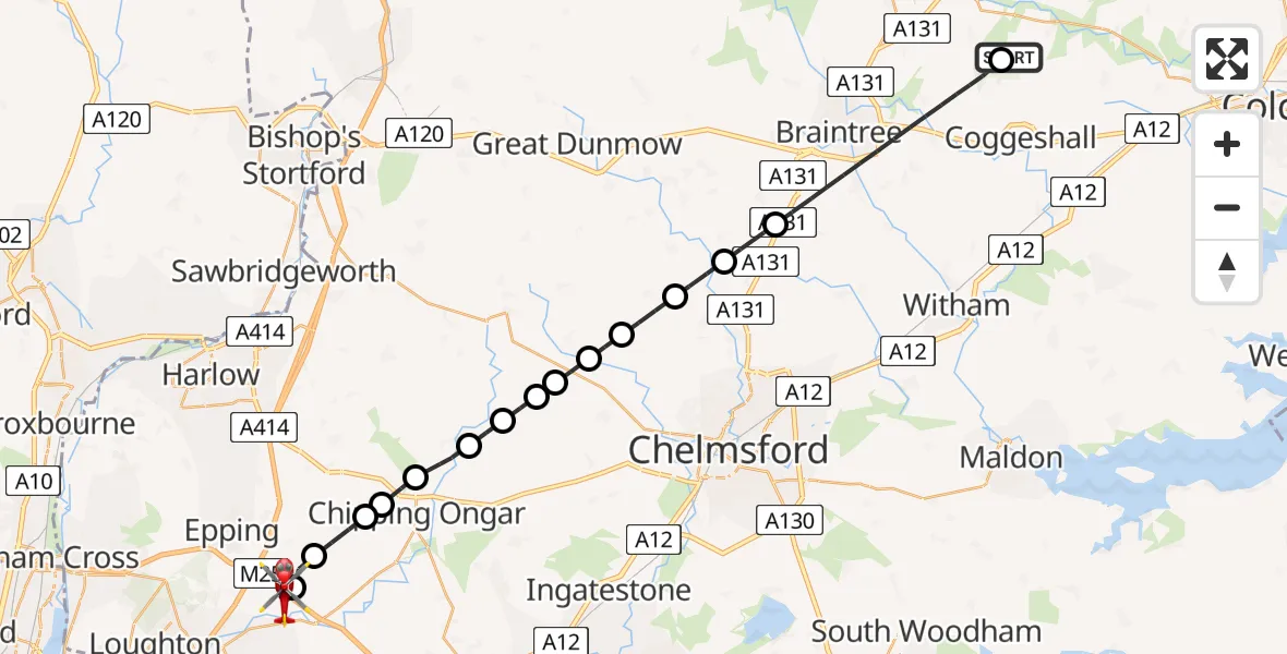 Flight route Air Ambulance Helicopter Earls Colne Airfield - Theydon Garnon, 03 July 2026, 11:46