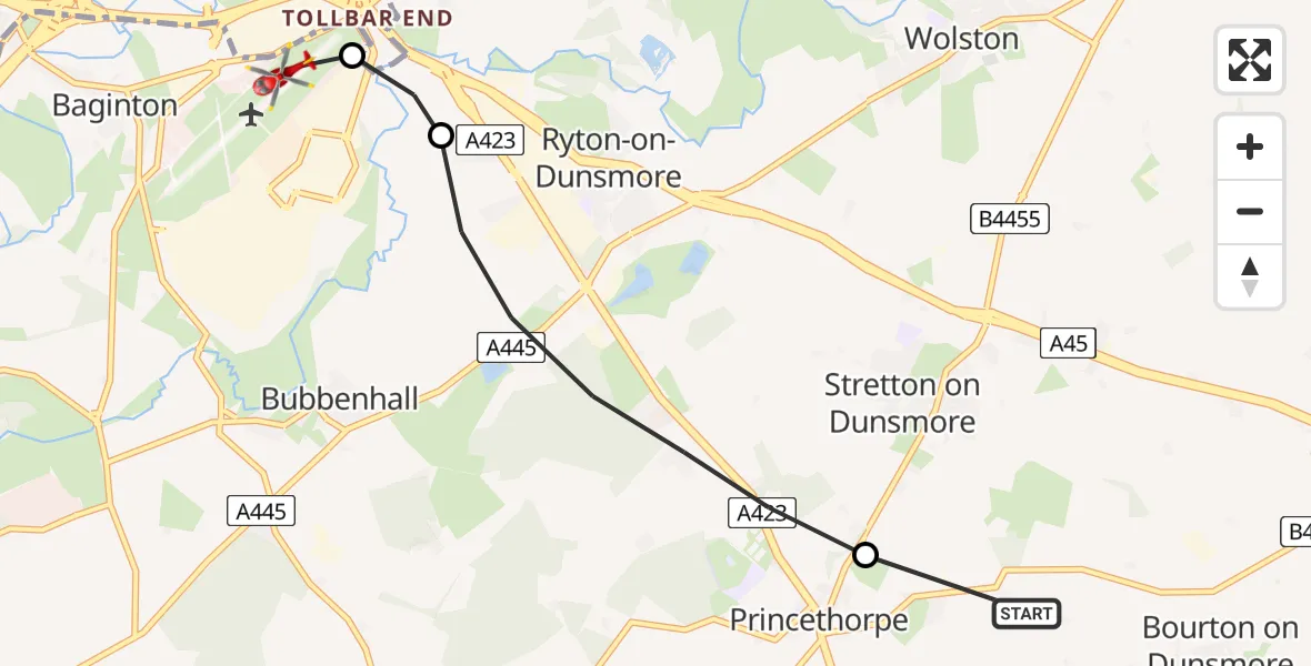Flight route Air Ambulance Helicopter Rugby - Coventry Airport, 03 July 2026, 11:57