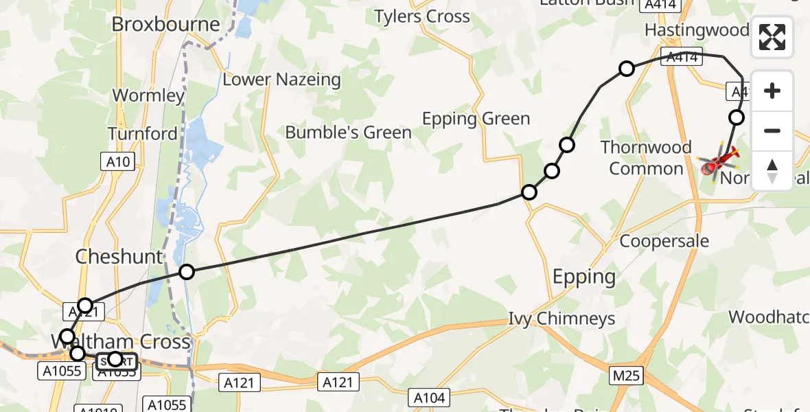 Flight route Air Ambulance Helicopter Enfield - North Weald Airfield, 03 July 2026, 11:59