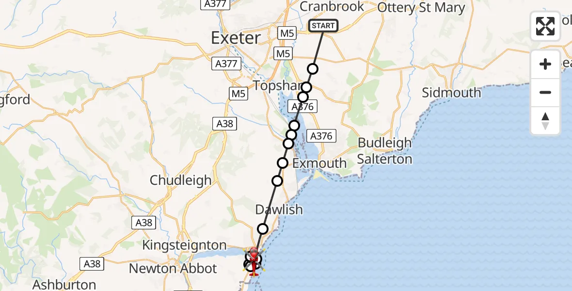 Flight route Air Ambulance Helicopter Exeter International Airport - Shaldon, 03 July 2026, 12:15
