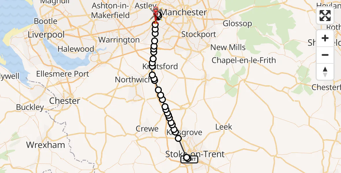Flight route Air Ambulance Helicopter University Hospital North Staffs - Manchester Barton Aerodrome, 03 July 2026, 12:22