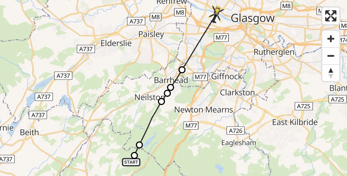 Flight route Police Helicopter Townend of Fullwood - Glasgow, 03 July 2026, 12:29