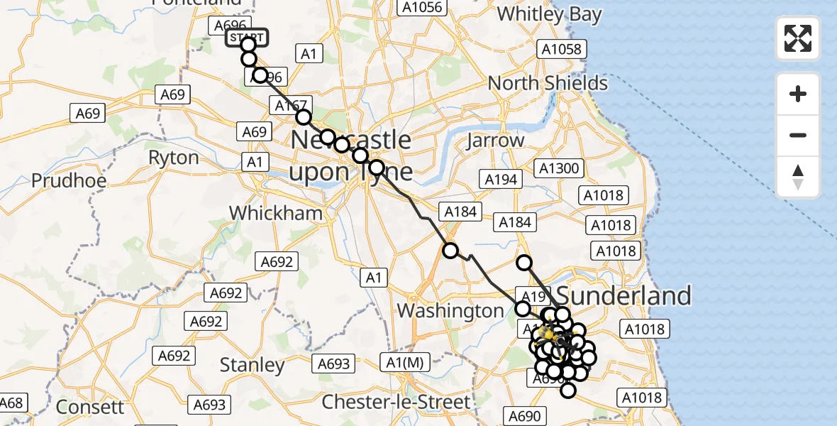 Flight route Police Helicopter Newcastle International Airport - Middle Herrington, 03 July 2026, 12:42