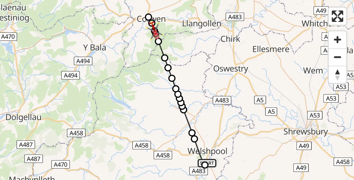 Flight route Air Ambulance Helicopter Welshpool Airport - Cynwyd, 03 July 2026, 12:42