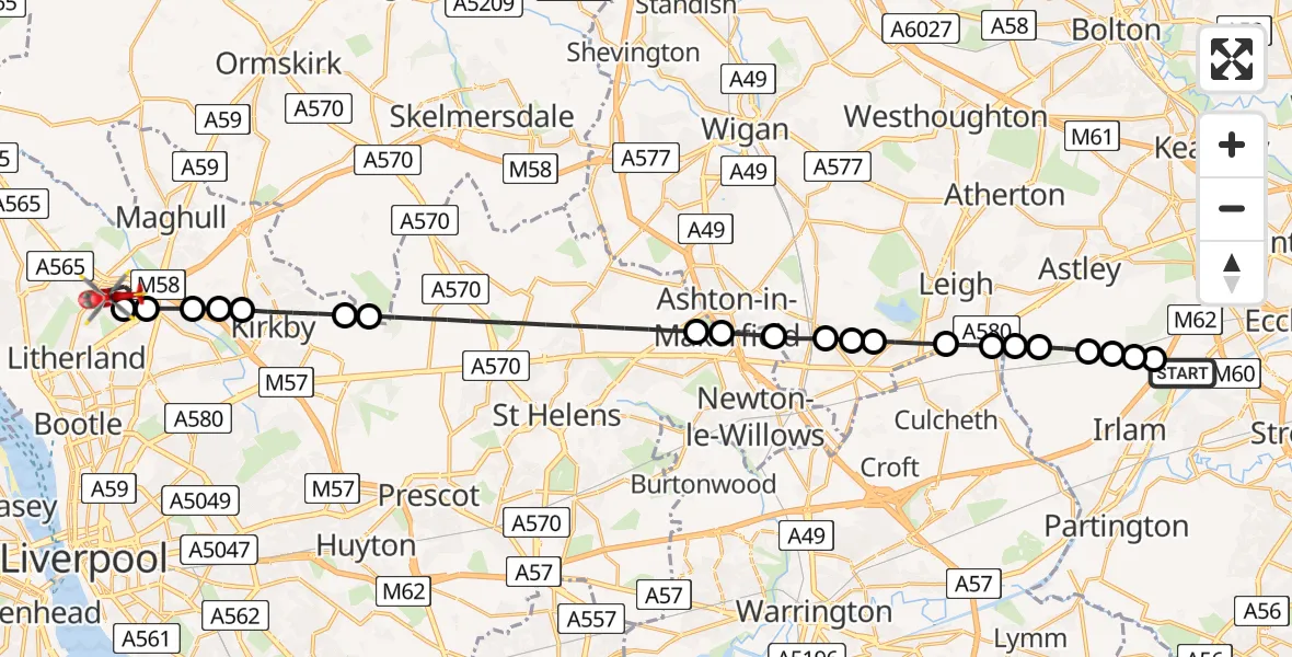 Flight route Air Ambulance Helicopter Manchester Barton Aerodrome - Litherland, 03 July 2026, 12:49