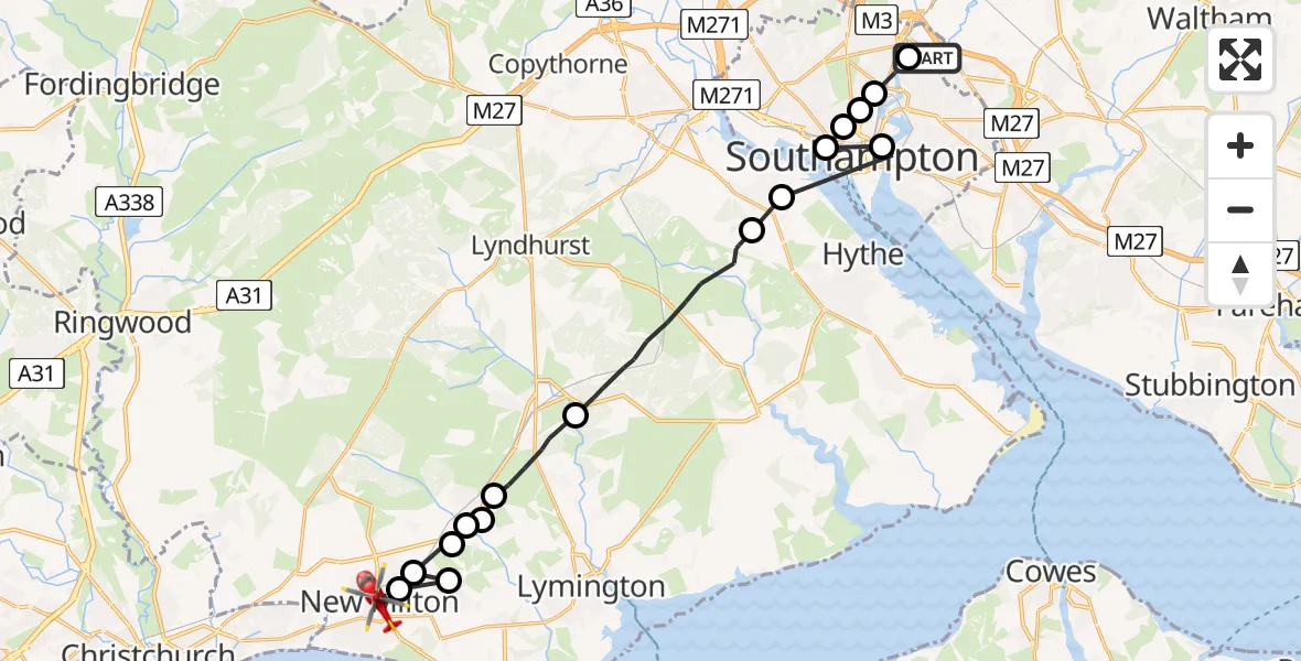 Flight route Air Ambulance Helicopter Townhill Park - New Milton, 03 July 2026, 12:49