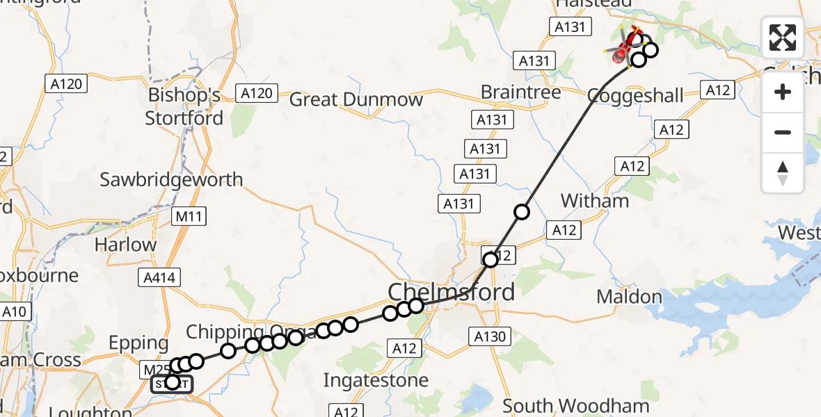 Flight route Air Ambulance Helicopter Epping Forest - Earls Colne Airfield, 03 July 2026, 12:54