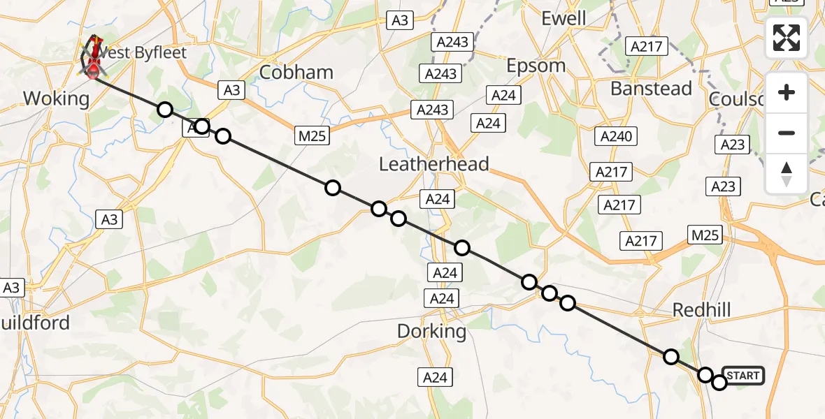 Flight route Air Ambulance Helicopter Redhill Aerodrome - Woking, 03 July 2026, 12:59