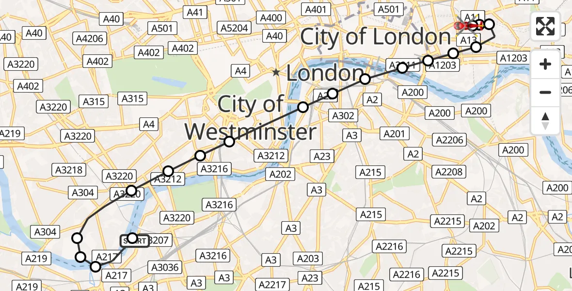 Flight route Air Ambulance Helicopter London Heliport - Royal London Hospital, 03 July 2026, 13:10