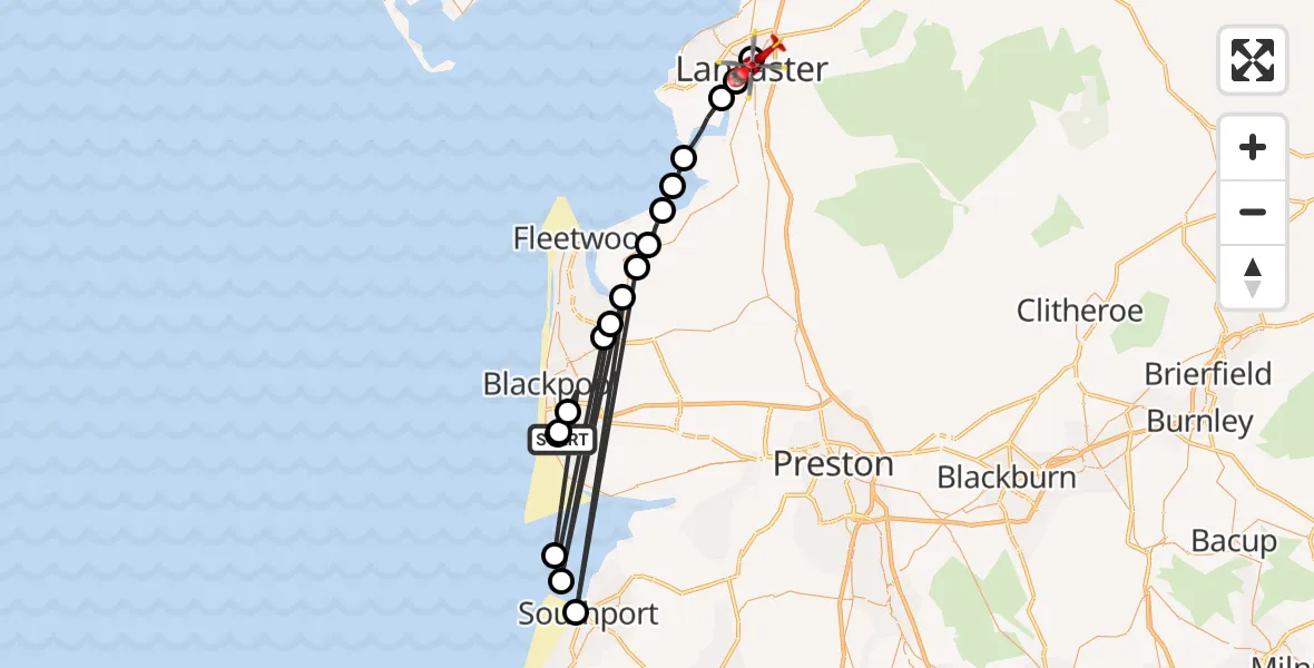 Flight route Air Ambulance Helicopter Blackpool Airport - Lancaster, 03 July 2026, 13:13