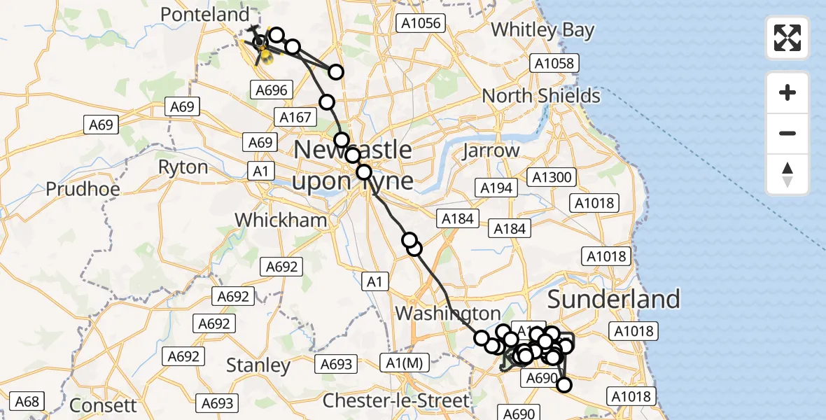 Flight route Police Helicopter Thorney Close - Newcastle International Airport, 03 July 2026, 13:20